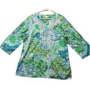 Charter Club Cotton Embroidered Floral Tunic Top Green Women’s XL Resort Boho